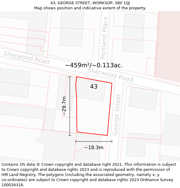 43, GEORGE STREET, WORKSOP, S80 1QJ: Plot and title map