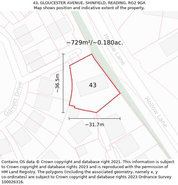 43, GLOUCESTER AVENUE, SHINFIELD, READING, RG2 9GA: Plot and title map