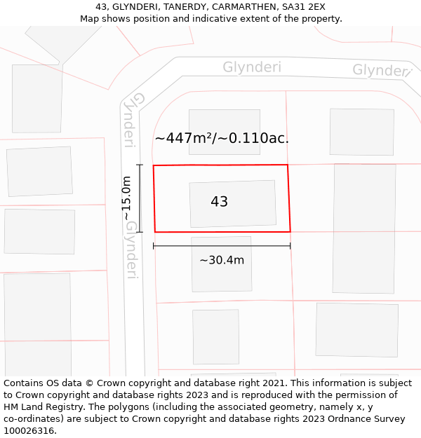 43, GLYNDERI, TANERDY, CARMARTHEN, SA31 2EX: Plot and title map