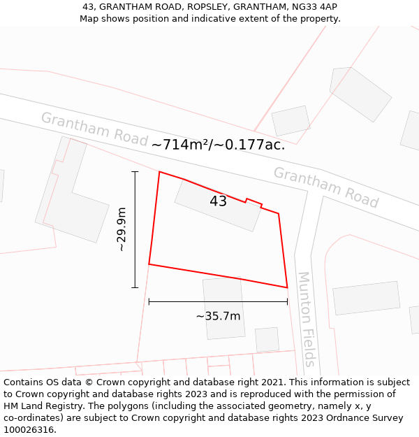 43, GRANTHAM ROAD, ROPSLEY, GRANTHAM, NG33 4AP: Plot and title map