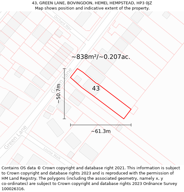 43, GREEN LANE, BOVINGDON, HEMEL HEMPSTEAD, HP3 0JZ: Plot and title map