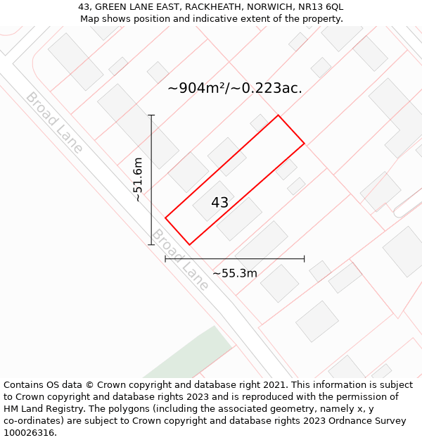 43, GREEN LANE EAST, RACKHEATH, NORWICH, NR13 6QL: Plot and title map