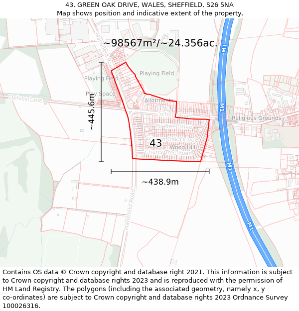 43, GREEN OAK DRIVE, WALES, SHEFFIELD, S26 5NA: Plot and title map