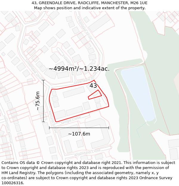 43, GREENDALE DRIVE, RADCLIFFE, MANCHESTER, M26 1UE: Plot and title map