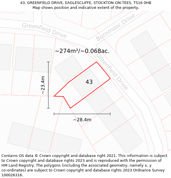 43, GREENFIELD DRIVE, EAGLESCLIFFE, STOCKTON-ON-TEES, TS16 0HB: Plot and title map