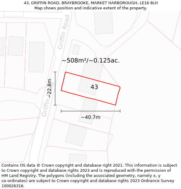 43, GRIFFIN ROAD, BRAYBROOKE, MARKET HARBOROUGH, LE16 8LH: Plot and title map