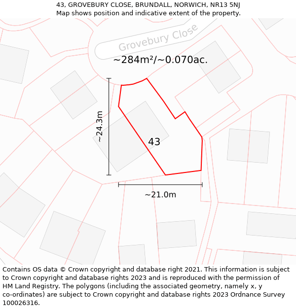 43, GROVEBURY CLOSE, BRUNDALL, NORWICH, NR13 5NJ: Plot and title map