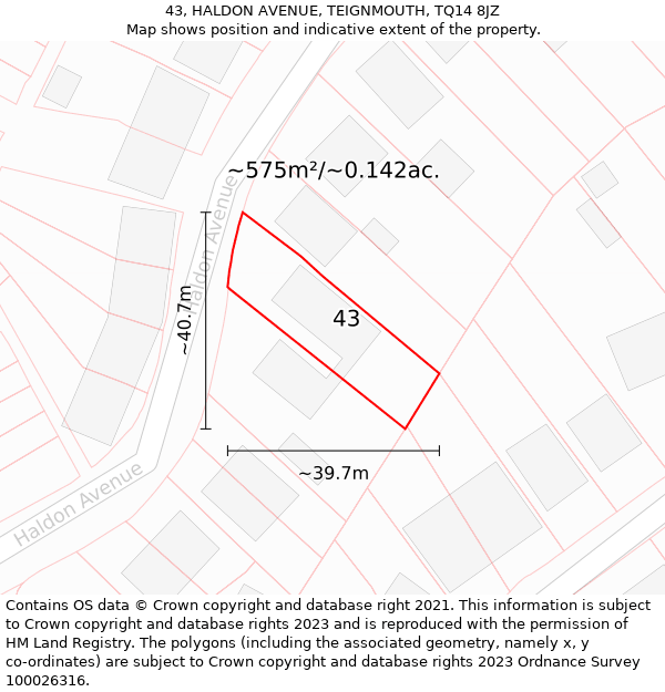 43, HALDON AVENUE, TEIGNMOUTH, TQ14 8JZ: Plot and title map