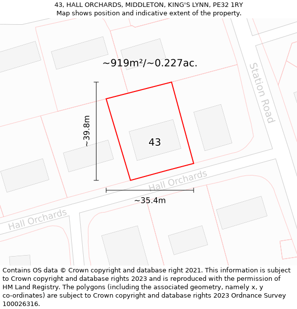 43, HALL ORCHARDS, MIDDLETON, KING'S LYNN, PE32 1RY: Plot and title map