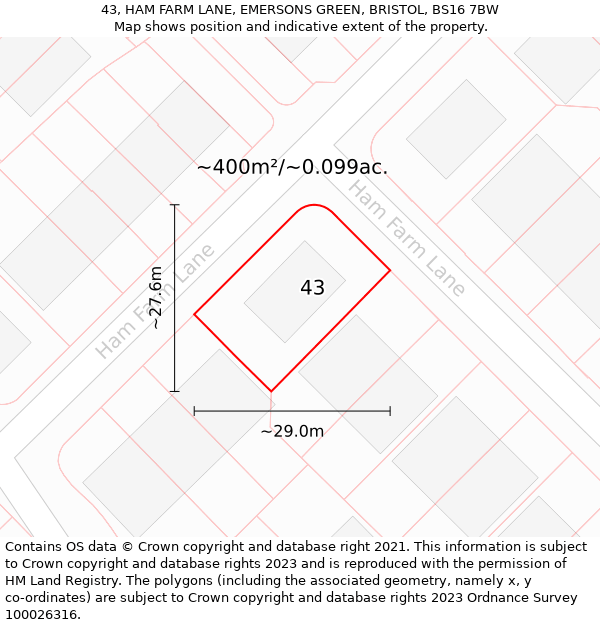 43, HAM FARM LANE, EMERSONS GREEN, BRISTOL, BS16 7BW: Plot and title map