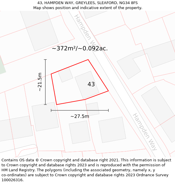 43, HAMPDEN WAY, GREYLEES, SLEAFORD, NG34 8FS: Plot and title map