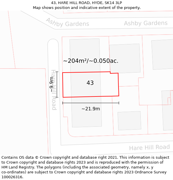 43, HARE HILL ROAD, HYDE, SK14 3LP: Plot and title map