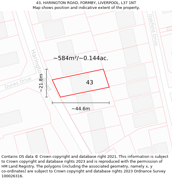 43, HARINGTON ROAD, FORMBY, LIVERPOOL, L37 1NT: Plot and title map