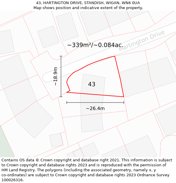 43, HARTINGTON DRIVE, STANDISH, WIGAN, WN6 0UA: Plot and title map