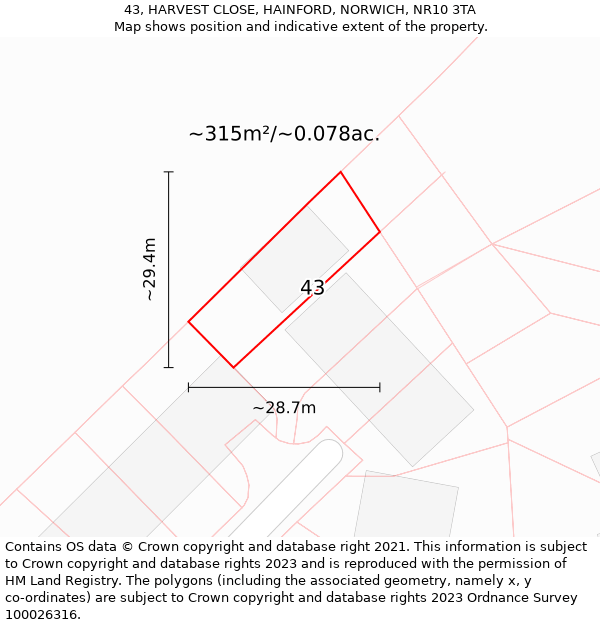 43, HARVEST CLOSE, HAINFORD, NORWICH, NR10 3TA: Plot and title map