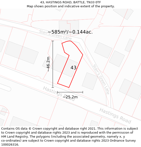 43, HASTINGS ROAD, BATTLE, TN33 0TF: Plot and title map