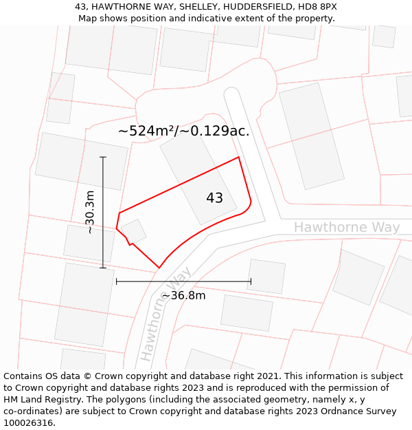 43, HAWTHORNE WAY, SHELLEY, HUDDERSFIELD, HD8 8PX: Plot and title map