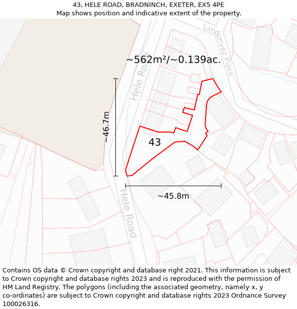 43, HELE ROAD, BRADNINCH, EXETER, EX5 4PE: Plot and title map