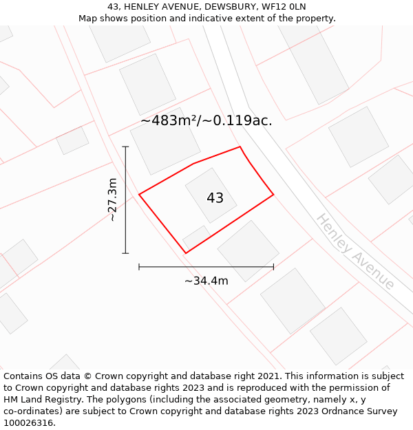 43, HENLEY AVENUE, DEWSBURY, WF12 0LN: Plot and title map