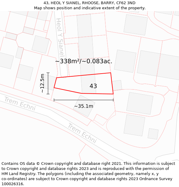 43, HEOL Y SIANEL, RHOOSE, BARRY, CF62 3ND: Plot and title map