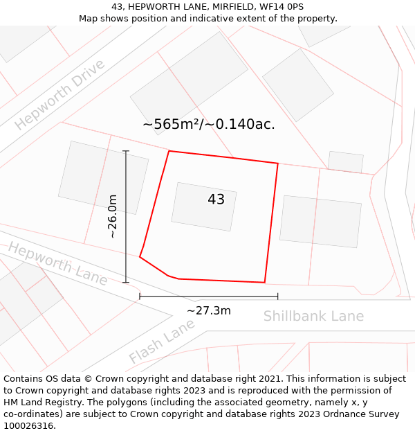 43, HEPWORTH LANE, MIRFIELD, WF14 0PS: Plot and title map