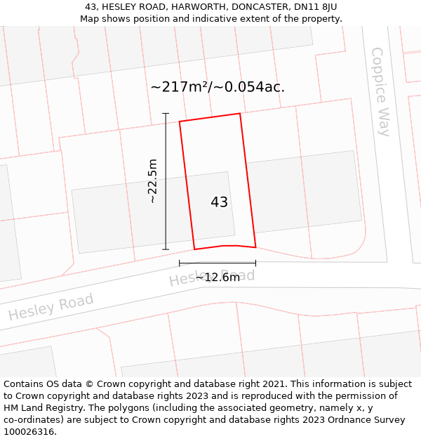 43, HESLEY ROAD, HARWORTH, DONCASTER, DN11 8JU: Plot and title map