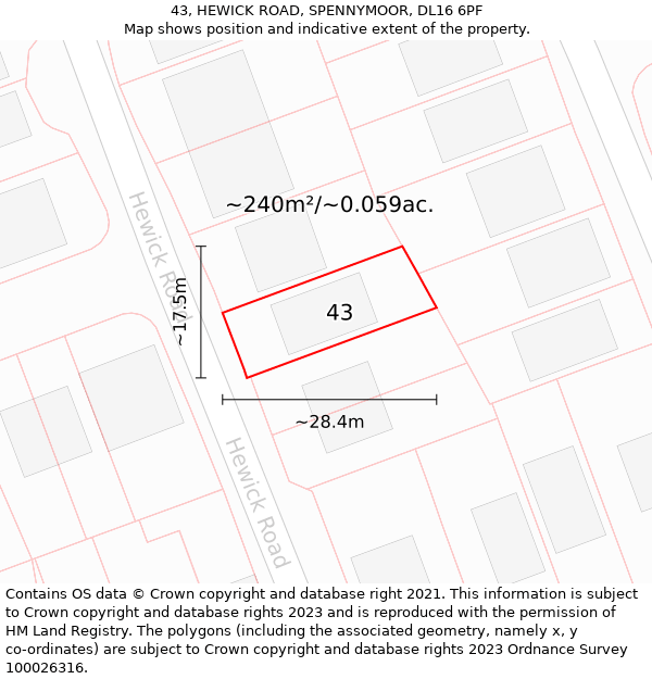 43, HEWICK ROAD, SPENNYMOOR, DL16 6PF: Plot and title map