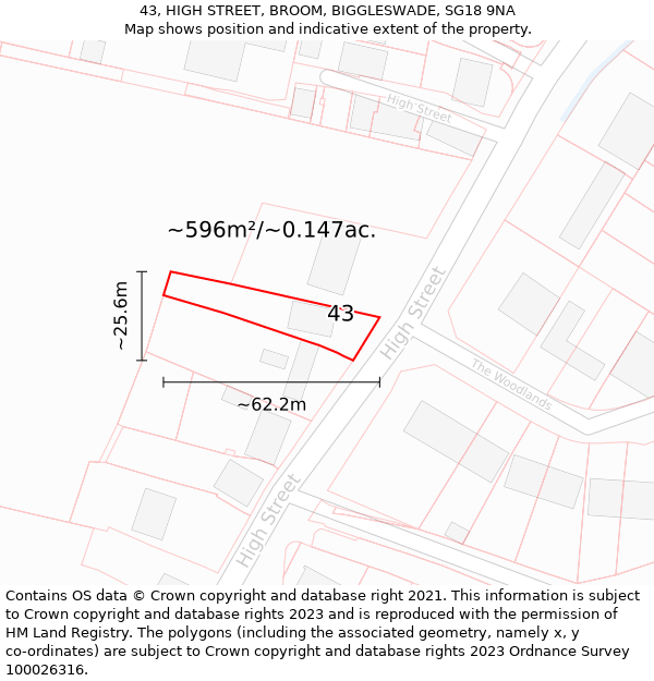 43, HIGH STREET, BROOM, BIGGLESWADE, SG18 9NA: Plot and title map