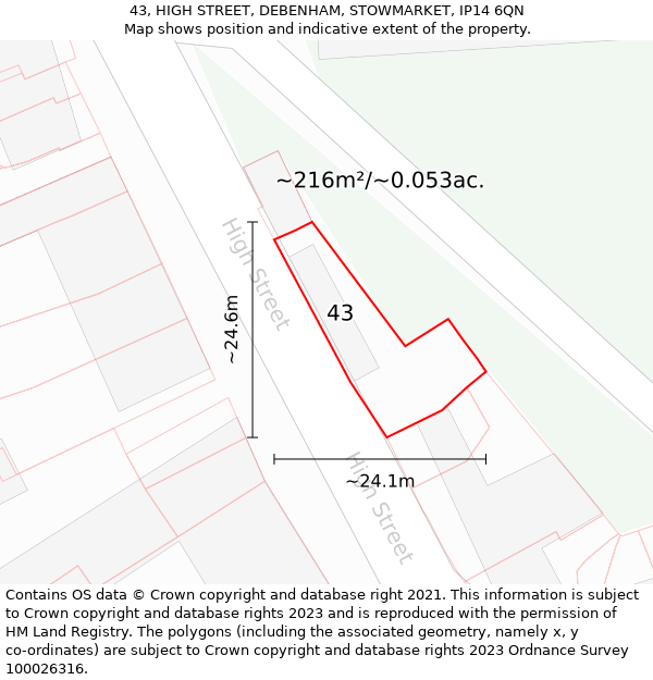 43, HIGH STREET, DEBENHAM, STOWMARKET, IP14 6QN: Plot and title map