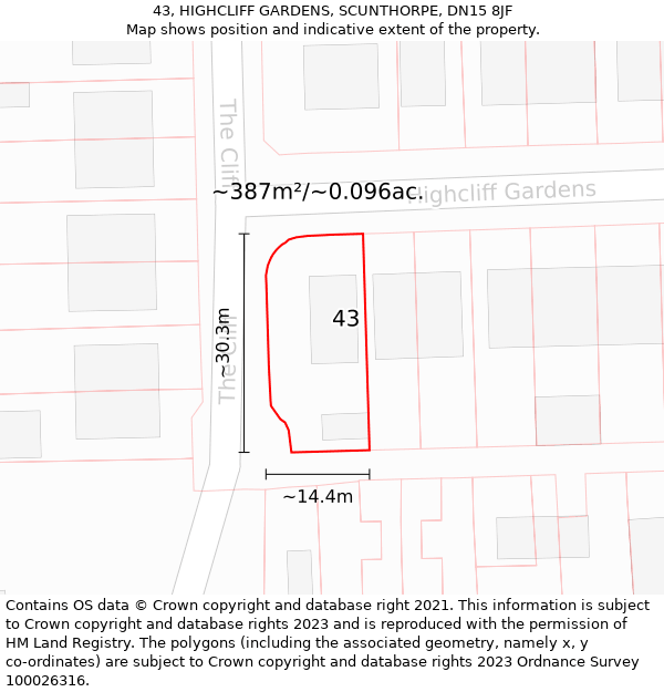 43, HIGHCLIFF GARDENS, SCUNTHORPE, DN15 8JF: Plot and title map