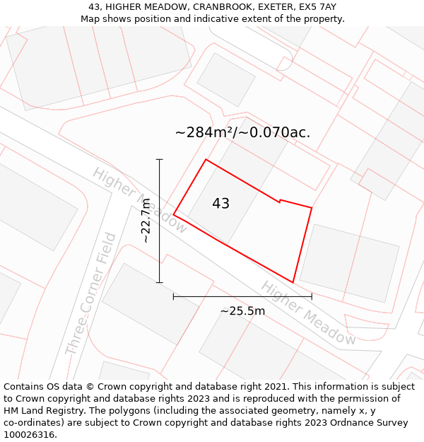 43, HIGHER MEADOW, CRANBROOK, EXETER, EX5 7AY: Plot and title map