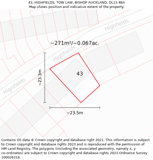 43, HIGHFIELDS, TOW LAW, BISHOP AUCKLAND, DL13 4BA: Plot and title map