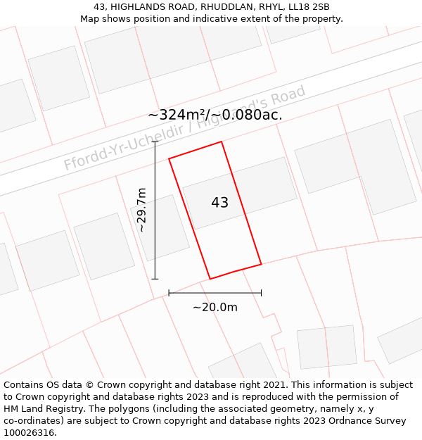 43, HIGHLANDS ROAD, RHUDDLAN, RHYL, LL18 2SB: Plot and title map