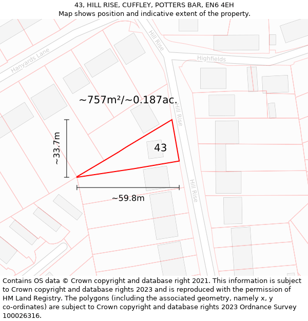 43, HILL RISE, CUFFLEY, POTTERS BAR, EN6 4EH: Plot and title map