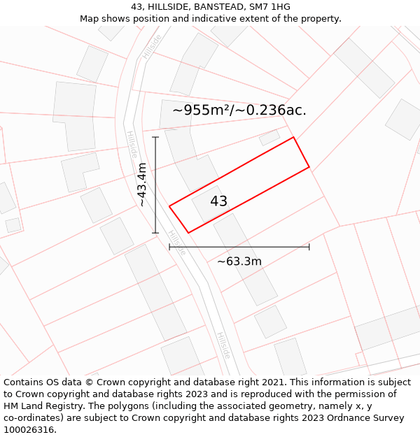 43, HILLSIDE, BANSTEAD, SM7 1HG: Plot and title map