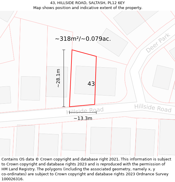 43, HILLSIDE ROAD, SALTASH, PL12 6EY: Plot and title map