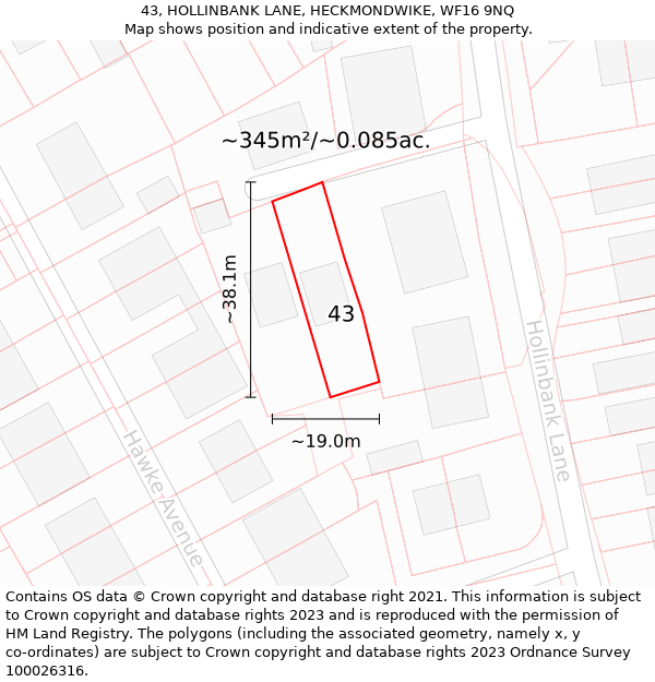 43, HOLLINBANK LANE, HECKMONDWIKE, WF16 9NQ: Plot and title map