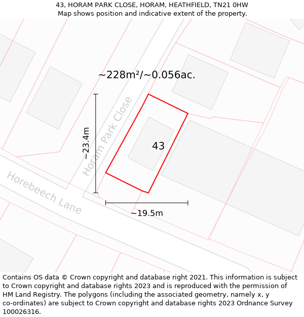 43, HORAM PARK CLOSE, HORAM, HEATHFIELD, TN21 0HW: Plot and title map