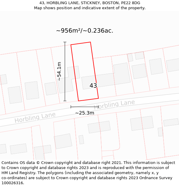 43, HORBLING LANE, STICKNEY, BOSTON, PE22 8DG: Plot and title map