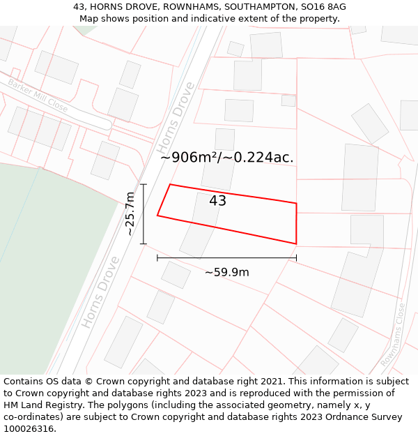 43, HORNS DROVE, ROWNHAMS, SOUTHAMPTON, SO16 8AG: Plot and title map