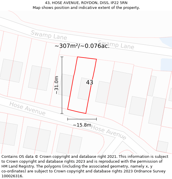 43, HOSE AVENUE, ROYDON, DISS, IP22 5RN: Plot and title map