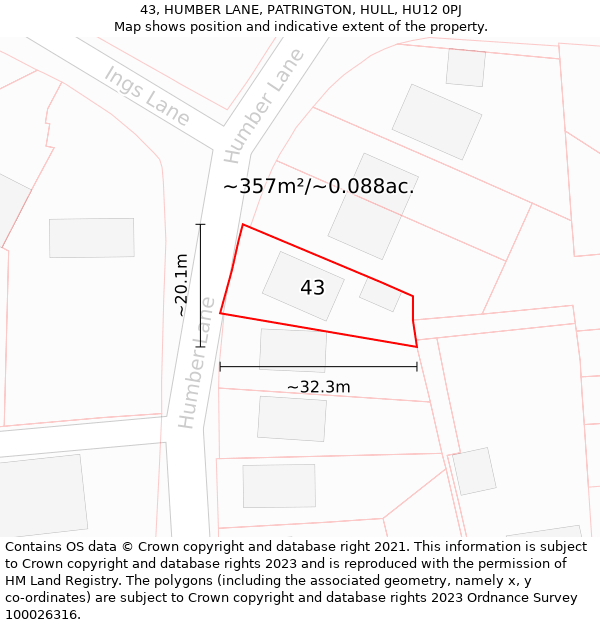 43, HUMBER LANE, PATRINGTON, HULL, HU12 0PJ: Plot and title map