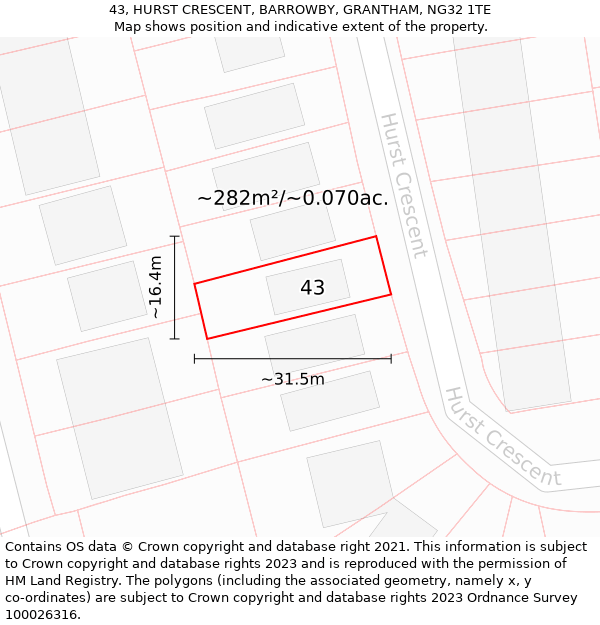 43, HURST CRESCENT, BARROWBY, GRANTHAM, NG32 1TE: Plot and title map