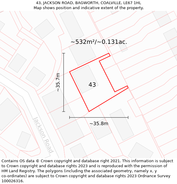 43, JACKSON ROAD, BAGWORTH, COALVILLE, LE67 1HL: Plot and title map