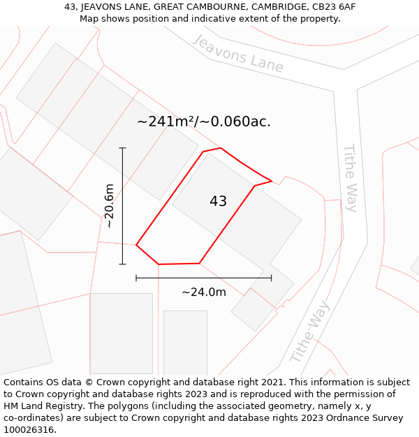 43, JEAVONS LANE, GREAT CAMBOURNE, CAMBRIDGE, CB23 6AF: Plot and title map