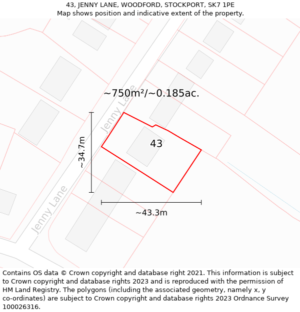 43, JENNY LANE, WOODFORD, STOCKPORT, SK7 1PE: Plot and title map