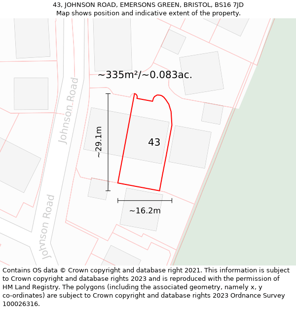 43, JOHNSON ROAD, EMERSONS GREEN, BRISTOL, BS16 7JD: Plot and title map