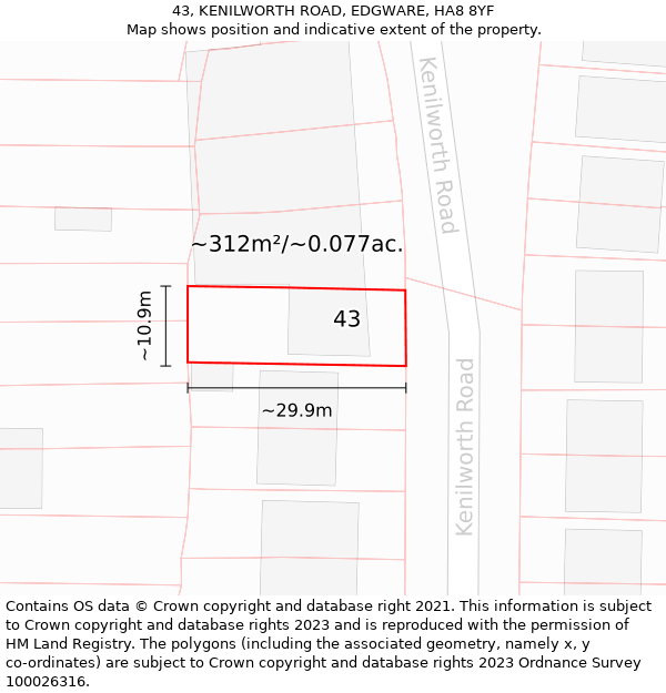 43, KENILWORTH ROAD, EDGWARE, HA8 8YF: Plot and title map