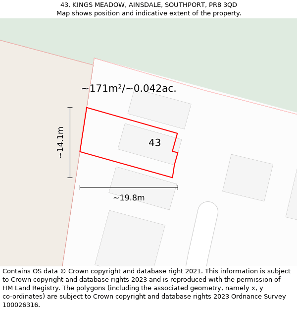 43, KINGS MEADOW, AINSDALE, SOUTHPORT, PR8 3QD: Plot and title map