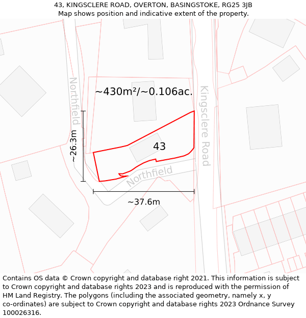 43, KINGSCLERE ROAD, OVERTON, BASINGSTOKE, RG25 3JB: Plot and title map